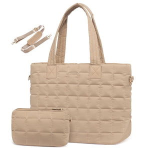 Quilted Nylon Large Capacity Tote Shoulder Bag Laptop Sleeve Khaki Brown