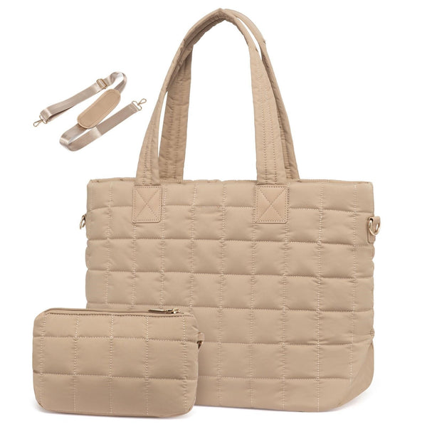 Quilted Nylon Large Capacity Tote Shoulder Bag Laptop Sleeve Khaki Brown
