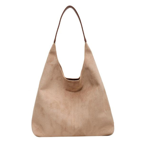 Faux Suede Tote Shoulder Bag Matching Pouch Large Capacity Beige