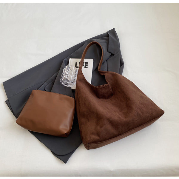 Faux Suede Tote Shoulder Bag Matching Pouch Large Capacity Beige