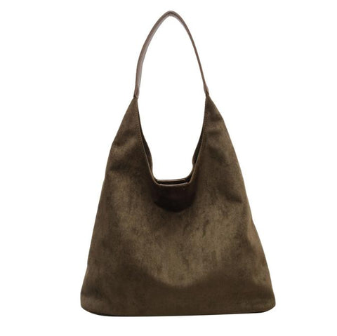 Faux Suede Tote Shoulder Bag Matching Pouch Large Capacity Greenish Brown