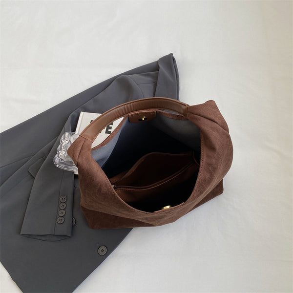 Faux Suede Tote Shoulder Bag Matching Pouch Large Capacity Greenish Brown