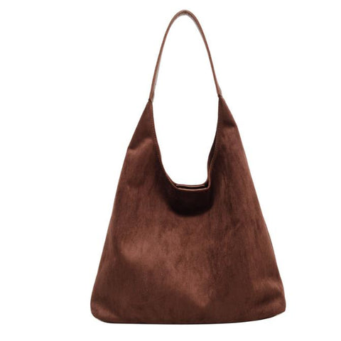 Faux Suede Tote Shoulder Bag Matching Pouch Large Capacity Coffee