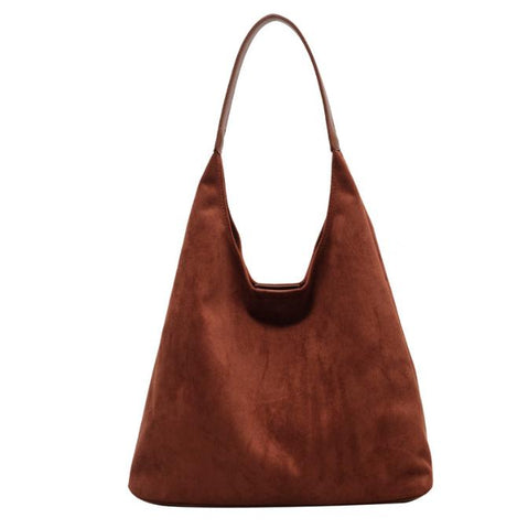 Faux Suede Tote Shoulder Bag Matching Pouch Large Capacity Brown