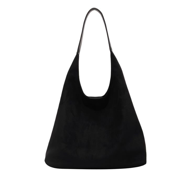 Faux Suede Tote Shoulder Bag Matching Pouch Large Capacity Black