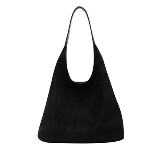 Faux Suede Tote Shoulder Bag Matching Pouch Large Capacity Black