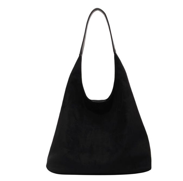 Faux Suede Tote Shoulder Bag Matching Pouch Large Capacity Black