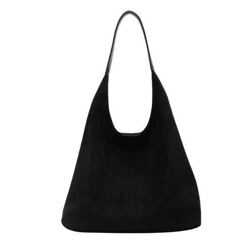 Faux Suede Tote Shoulder Bag Matching Pouch Large Capacity Black