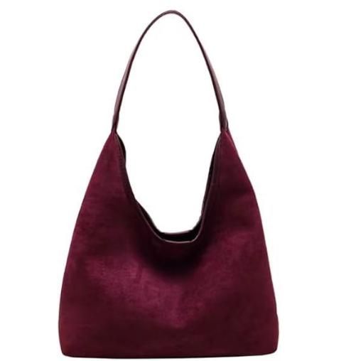 Faux Suede Tote Shoulder Bag Matching Pouch Large Capacity Wine Red