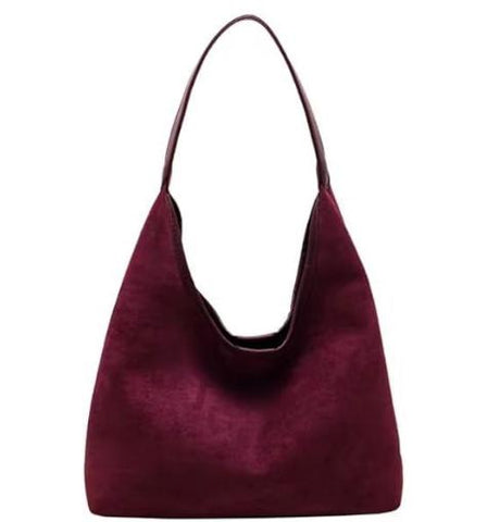 Faux Suede Tote Shoulder Bag Matching Pouch Large Capacity Wine Red