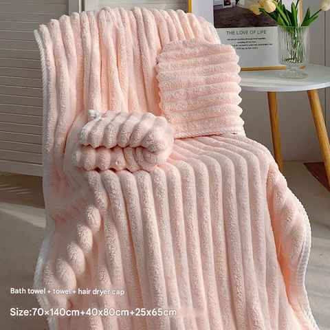 3 Pce Ribbed Coral Fleece Bath Hand Towel Hair Wrap Set Pink