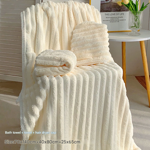 3 Pce Ribbed Coral Fleece Bath Hand Towel Hair Wrap Set Cream