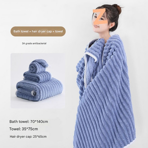 3 Pce Ribbed Coral Fleece Bath Hand Towel Hair Wrap Set Blue