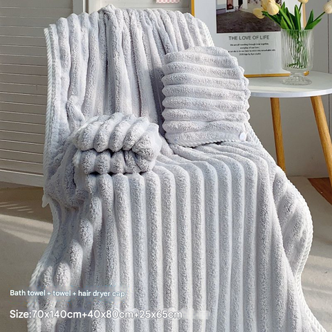 3 Pce Ribbed Coral Fleece Bath Hand Towel Hair Wrap Set Grey