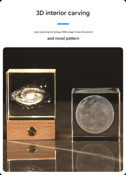 3D Crystal Cube Bedside Night Light Lamp Laser Engraved Wood Base USB Milky Way