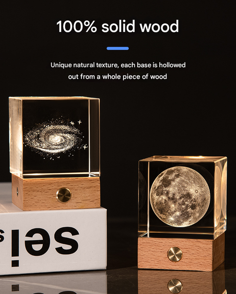 3D Crystal Cube Bedside Night Light Lamp Laser Engraved Wood Base USB Milky Way