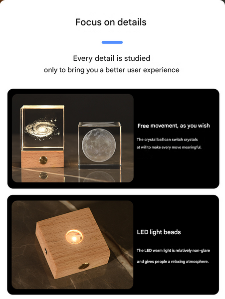 3D Crystal Cube Bedside Night Light Lamp Laser Engraved Wood Base USB Milky Way
