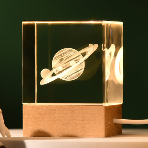 3D Crystal Cube Bedside Night Light Lamp Laser Engraved Wood Base USB Saturn