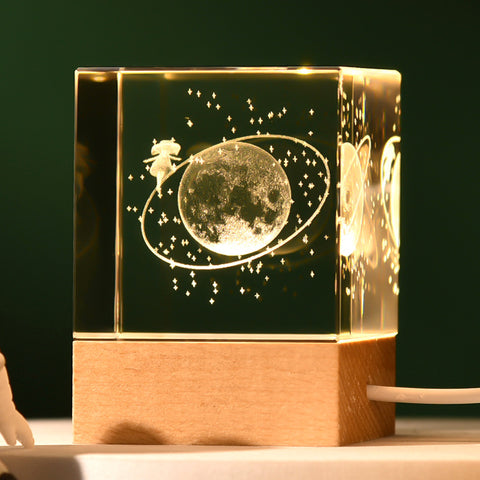 3D Crystal Cube Bedside Night Light Lamp Laser Engraved Wood Base USB Starry Sky