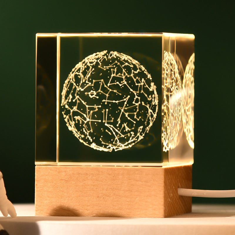 3D Crystal Cube Bedside Night Light Lamp Laser Engraved Wood Base USB Stars