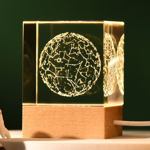 3D Crystal Cube Bedside Night Light Lamp Laser Engraved Wood Base USB Stars