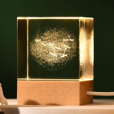 3D Crystal Cube Bedside Night Light Lamp Laser Engraved Wood Base USB Big Dipper