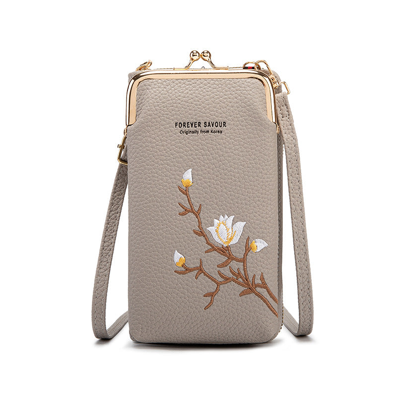 Faux PU Leather Floral Embroidered Crossbody Phone Wallet Purse Kiss Lock Grey