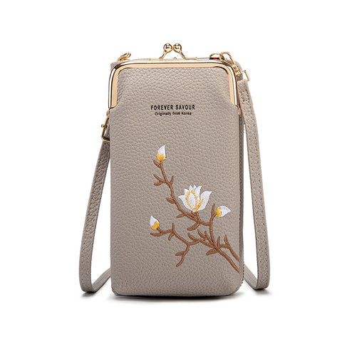 Faux PU Leather Floral Embroidered Crossbody Phone Wallet Purse Kiss Lock Grey
