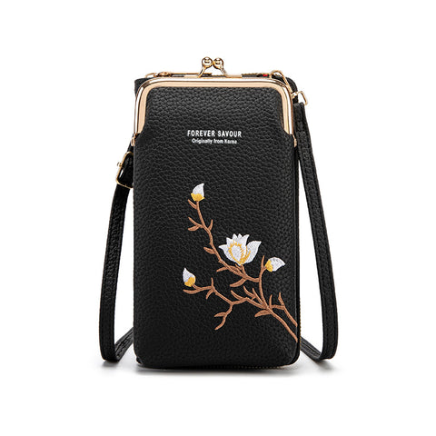 Faux PU Leather Floral Embroidered Crossbody Phone Purse Kiss Lock Black