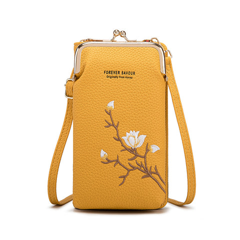 Faux PU Leather Floral Embroidered Crossbody Phone Purse Kiss Lock Yellow