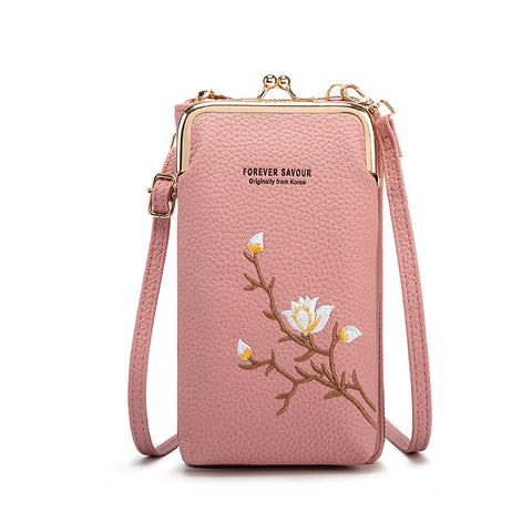 Faux PU Leather Floral Embroidered Crossbody Phone Purse Kiss Lock Dark Pink