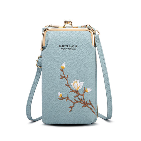 Faux PU Leather Floral Embroidered Crossbody Phone Wallet Purse Kiss Lock Blue