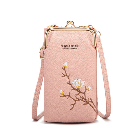 Faux PU Leather Floral Embroidered Crossbody Phone Wallet Purse Kiss Lock Pink