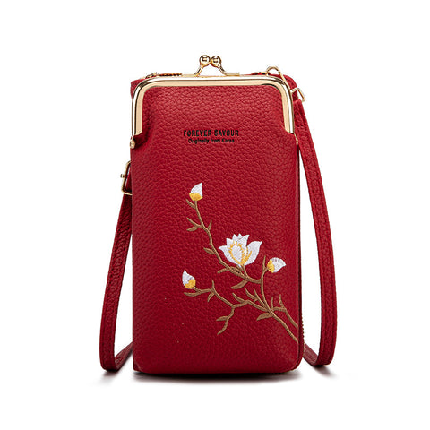 Faux PU Leather Floral Embroidered Crossbody Phone Wallet Purse Kiss Lock Red