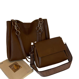 Faux PU Leather 2-Piece Tote Crossbody Bag Handbag Set Brown