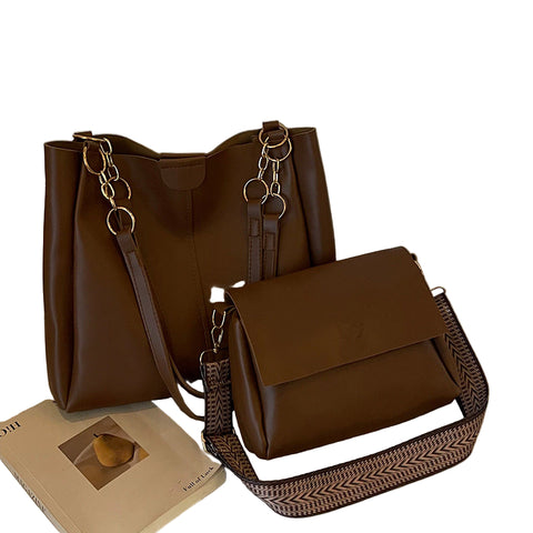 Faux PU Leather 2-Piece Tote Crossbody Bag Handbag Set Brown