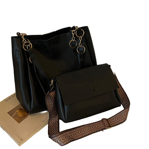 Faux PU Leather 2-Piece Tote Crossbody Bag Handbag Set Black