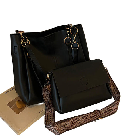 Faux PU Leather 2-Piece Tote Crossbody Bag Handbag Set Black