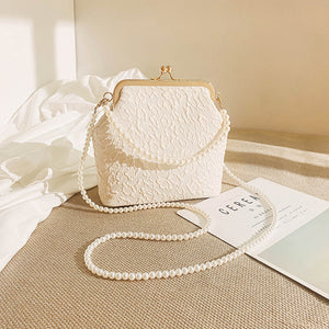 Fabric Elegant Vintage Look Kiss Lock Shoulder Cluch Bag Pearl Look Strap White