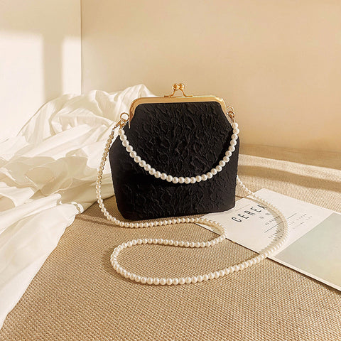 Fabric Elegant Vintage Look Kiss Lock Shoulder Cluch Bag Pearl Look Strap Black