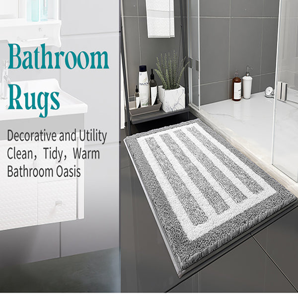 Plush Striped Bath Mat Rug Absorbent Non Slip Bathroom Grey 40 x 60cm