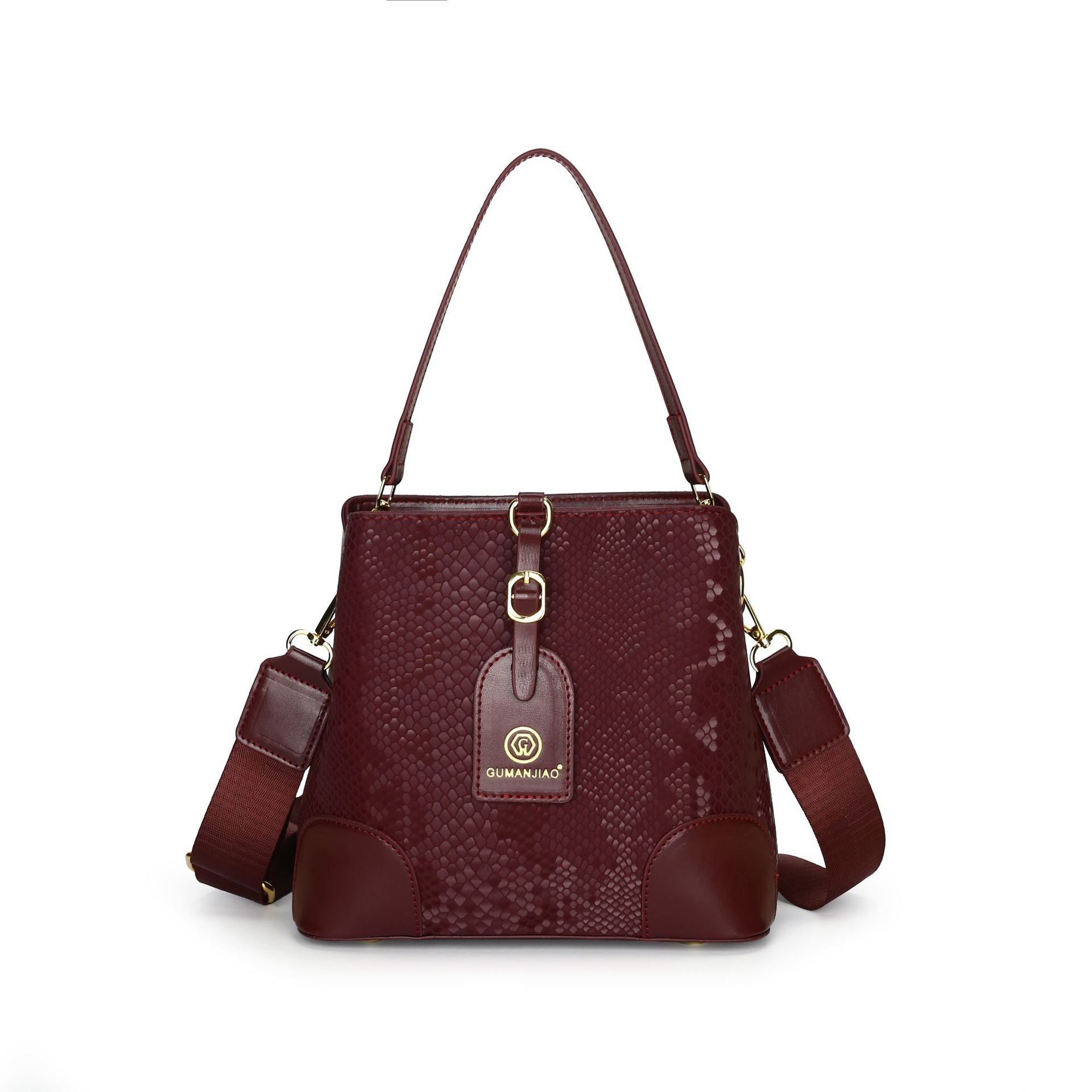 Fabric Embossed Textured Snake Skin Look Crossbody Bucket Shoulder Bag Red