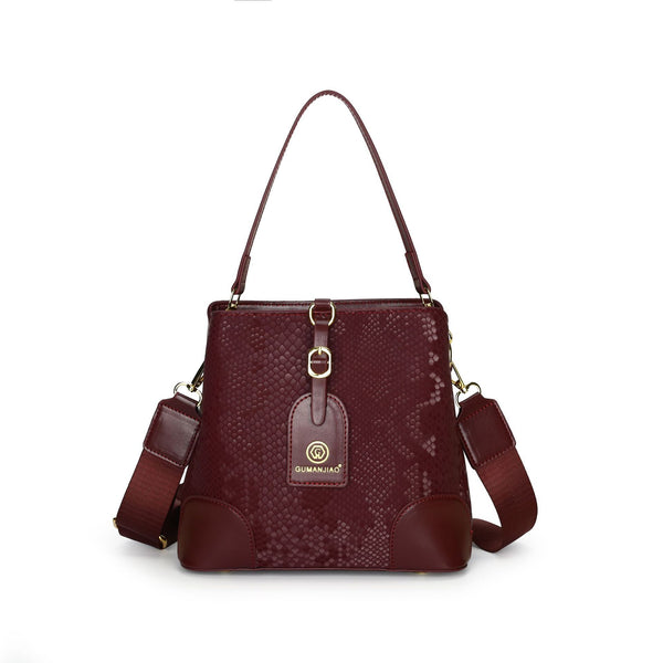 Fabric Embossed Textured Snake Skin Look Crossbody Bucket Shoulder Bag Red