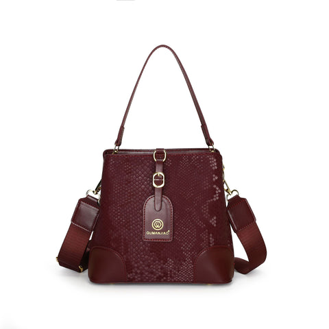 Fabric Embossed Textured Snake Skin Look Crossbody Bucket Shoulder Bag Red