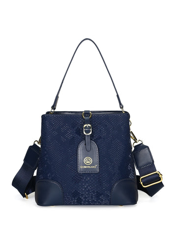 Fabric Embossed Textured Snake Skin Look Crossbody Bucket Shoulder Bag Blue