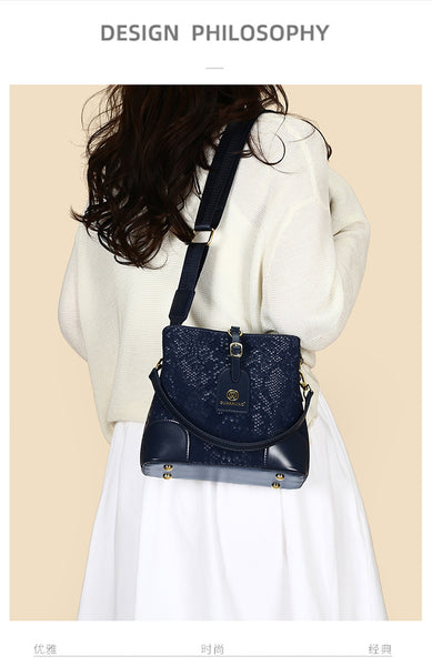 Fabric Embossed Textured Snake Skin Look Crossbody Bucket Shoulder Bag Blue