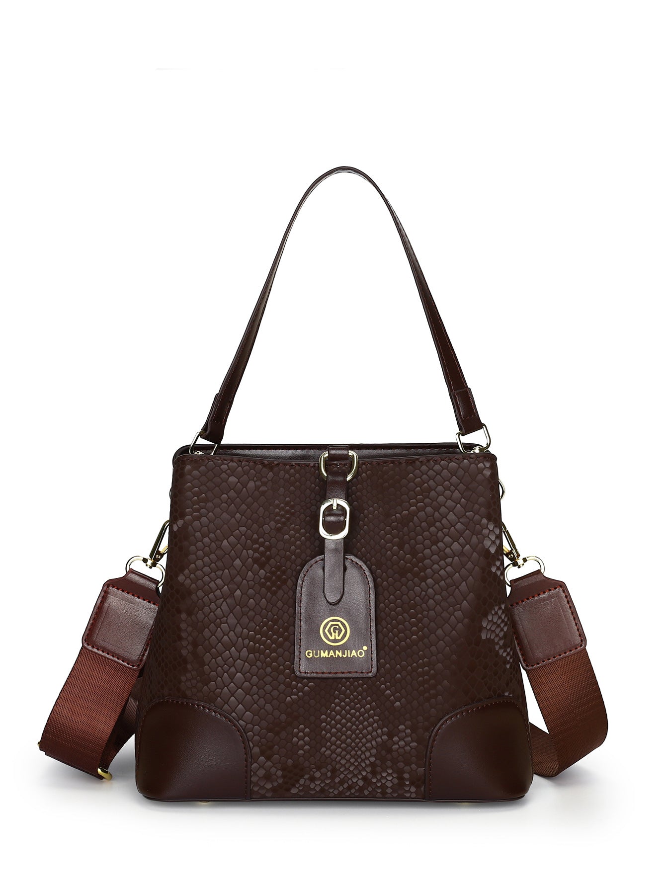 Fabric Embossed Textured Snake Skin Look Crossbody Bucket Shoulder Bag Brown