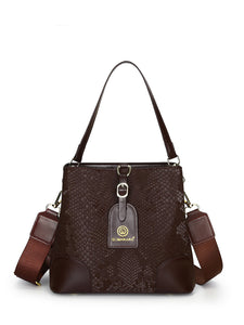 Fabric Embossed Textured Snake Skin Look Crossbody Bucket Shoulder Bag Brown