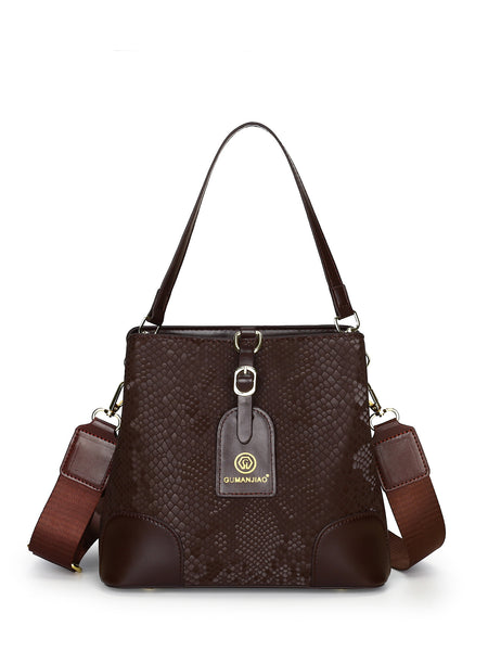 Fabric Embossed Textured Snake Skin Look Crossbody Bucket Shoulder Bag Brown