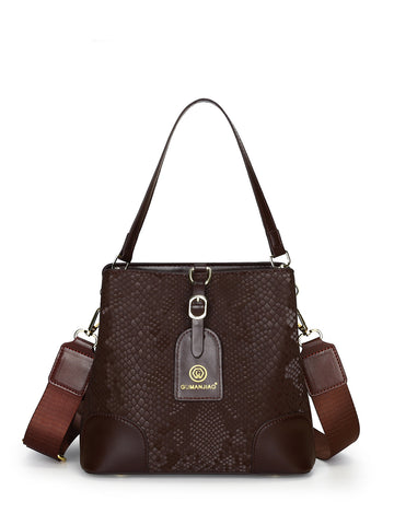 Fabric Embossed Textured Snake Skin Look Crossbody Bucket Shoulder Bag Brown